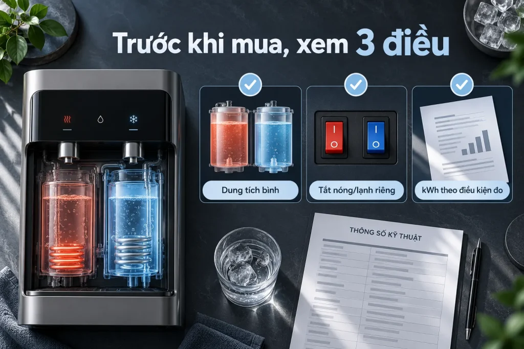 3 điều cần xem trước khi mua: dung tích bình, công tắc nóng/lạnh riêng và điều kiện đo kWh