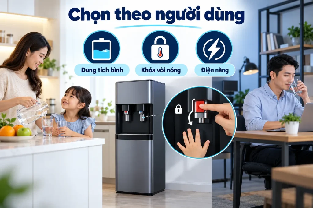 Xét dung tích, khóa vòi nóng và điện năng