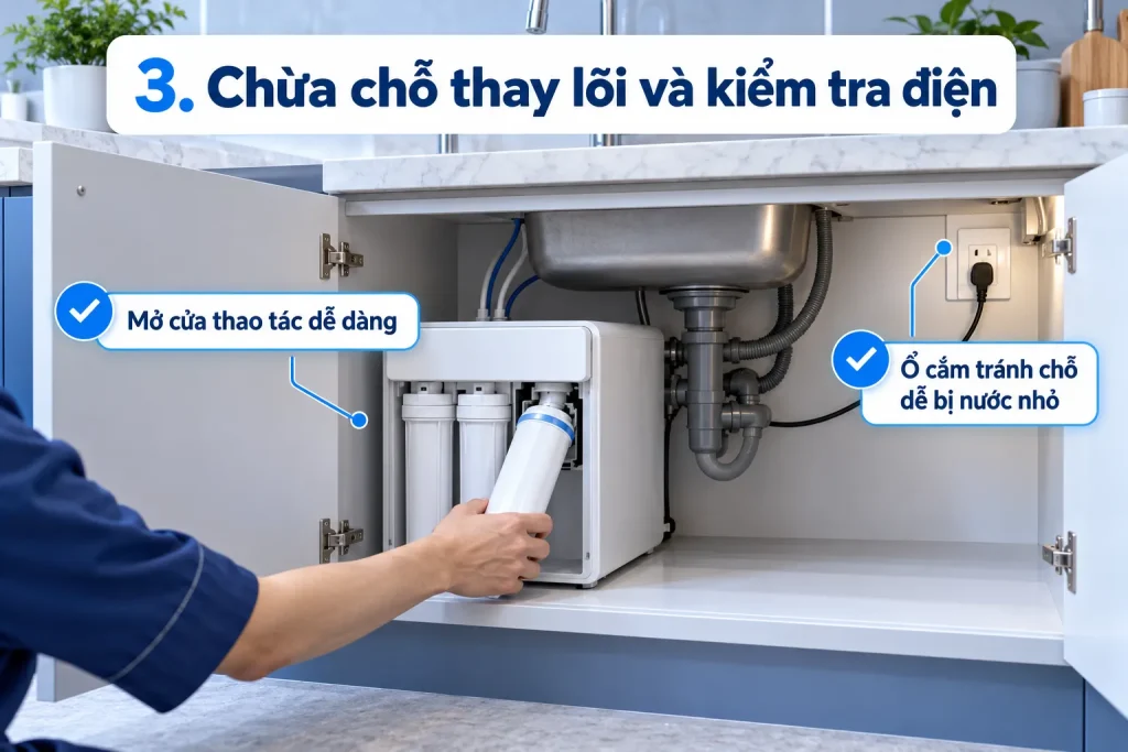 Chừa lối thay lõi và kiểm tra vị trí ổ cắm.