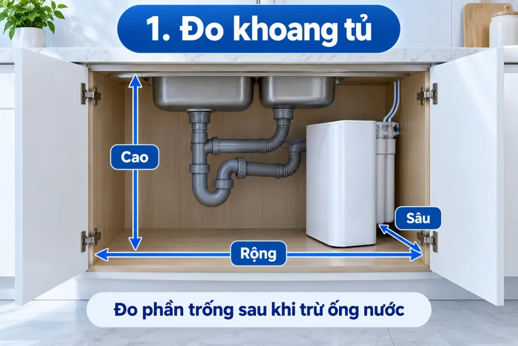 Đo chiều rộng, chiều sâu, chiều cao của phần khoang tủ còn trống.