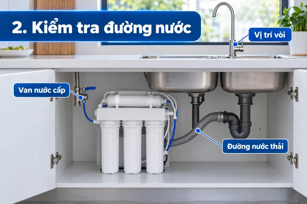 Xác định van nước cấp, đường nước thải và vị trí vòi.