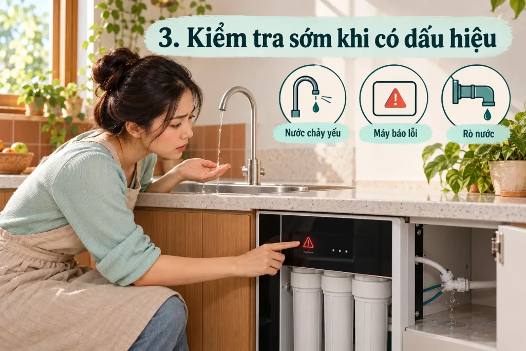 Kiểm tra sớm khi nước chảy yếu, máy báo lỗi hoặc có rò nước.