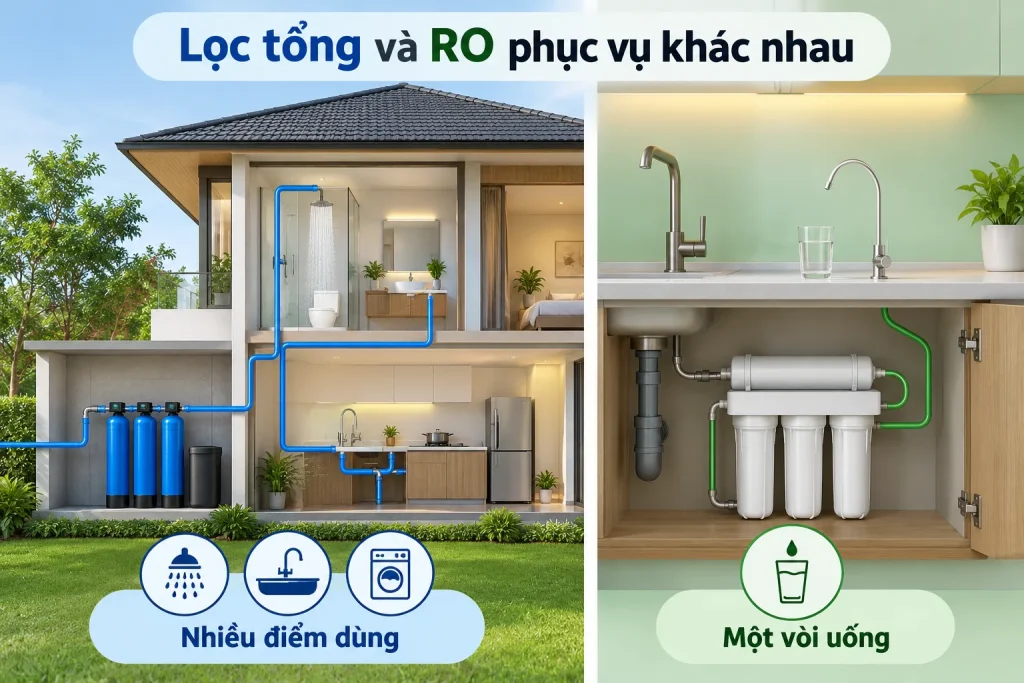Phân biệt lọc tổng cho nhiều điểm dùng và RO tại một vòi uống.